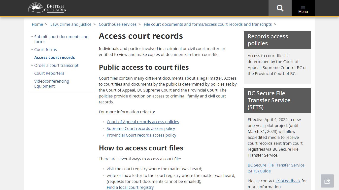 Access court records - Province of British Columbia