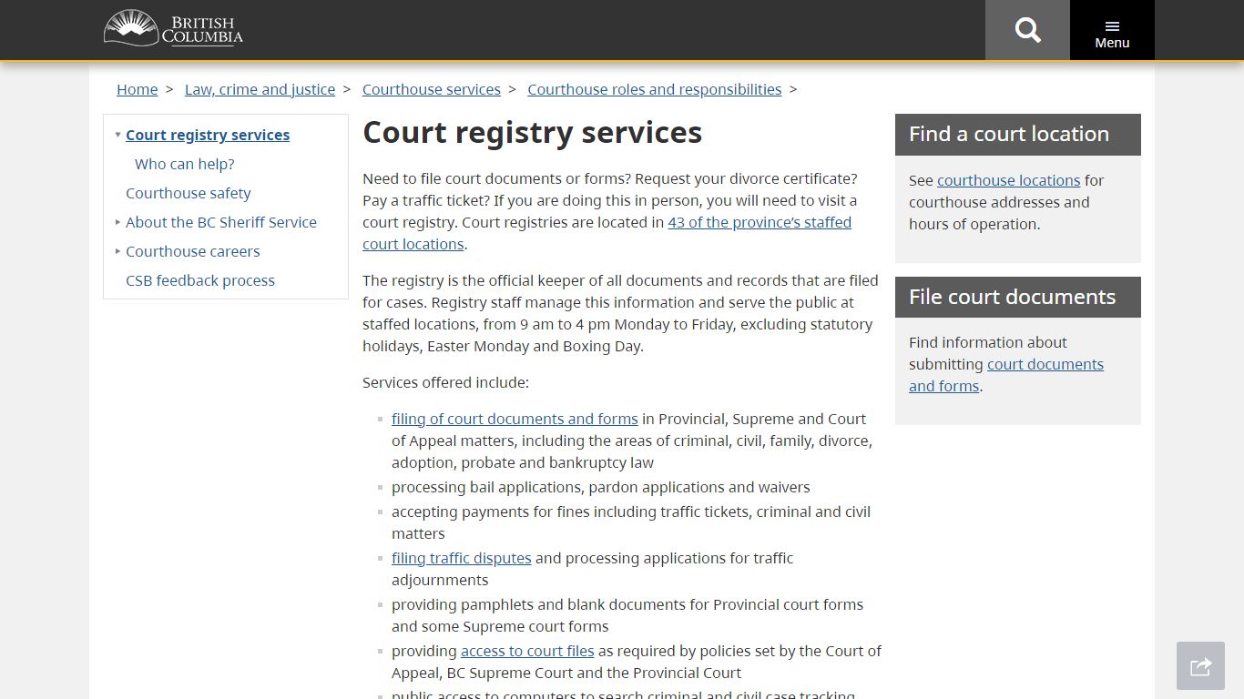 Court registry services - Province of British Columbia