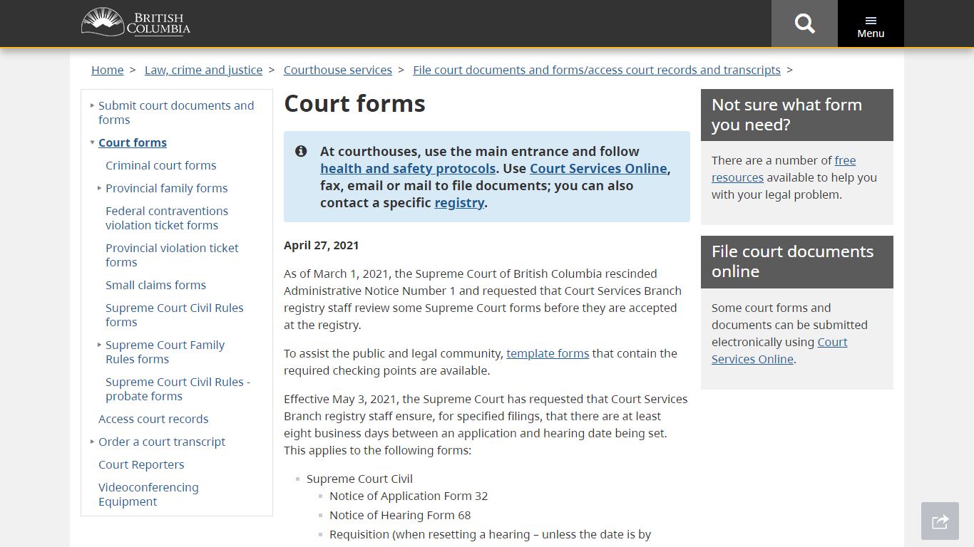 Court forms - Province of British Columbia