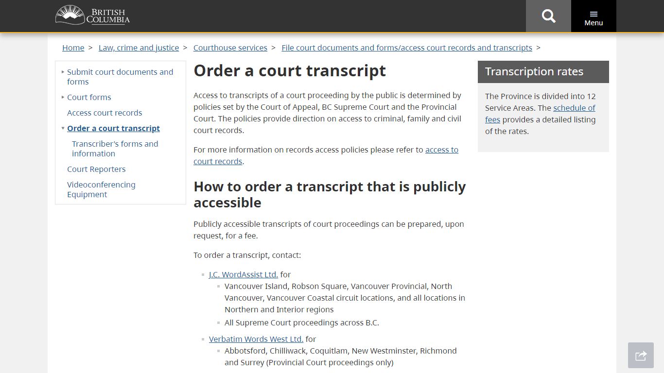 Order a court transcript - Province of British Columbia